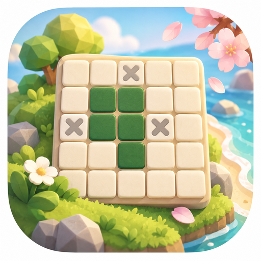 Icône de Tiny Grids : une grille de picross posée sur une petite île, entre prairie, mer et cerisiers